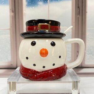 St Nicholas Square Snowman Mug w Lid Spoon Hand Painted Christmas Cup